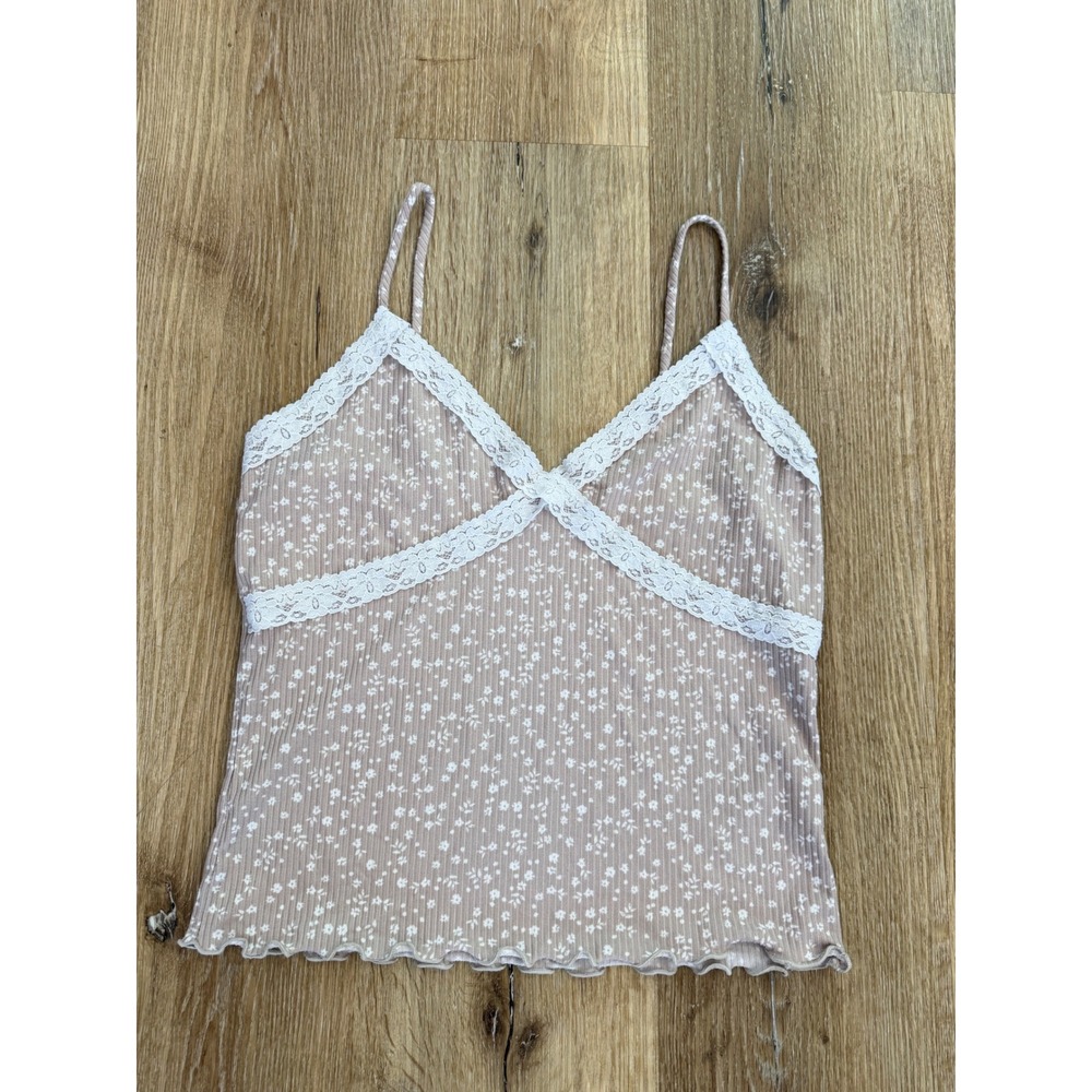Y2K Floral Lace Trim Cami Women Large Tan Ribbed Lettuce Hem Camisole Coquette